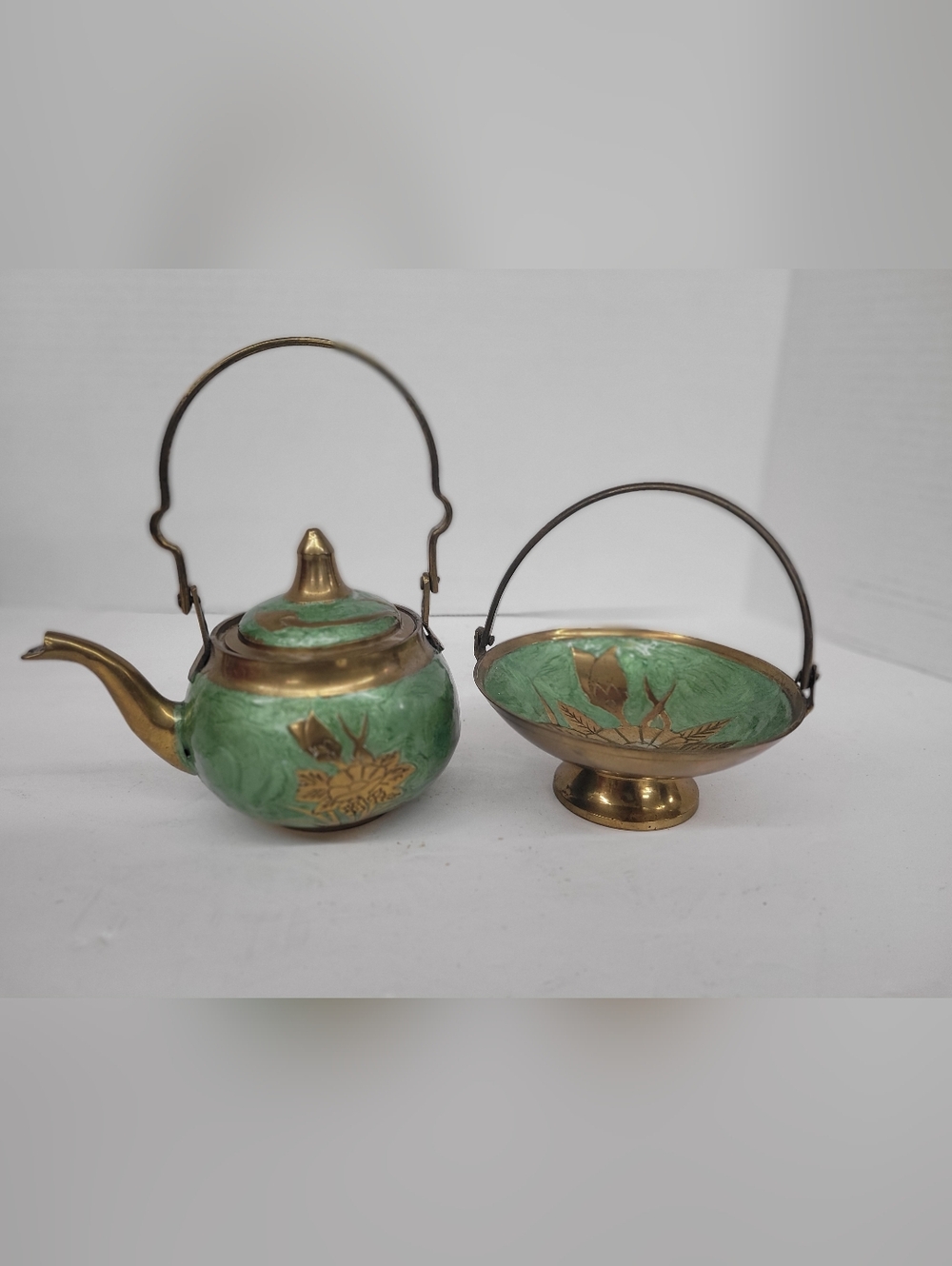 Vintage Brass And Acrylic Teapot And Bowl